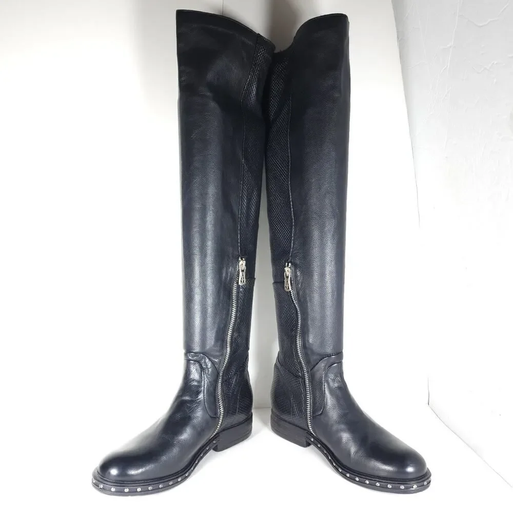 A.S.98 Women's US36 EU6 Black Soft Leather Zip Studded Tall Over The Knee Boots